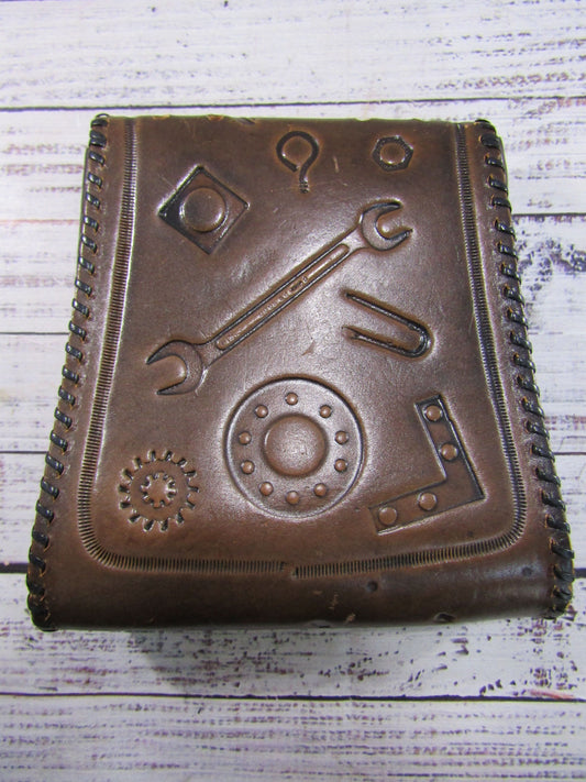 Vintage Artisan Handcrafted Leather Hardware & Tool Motif Clutch Bag