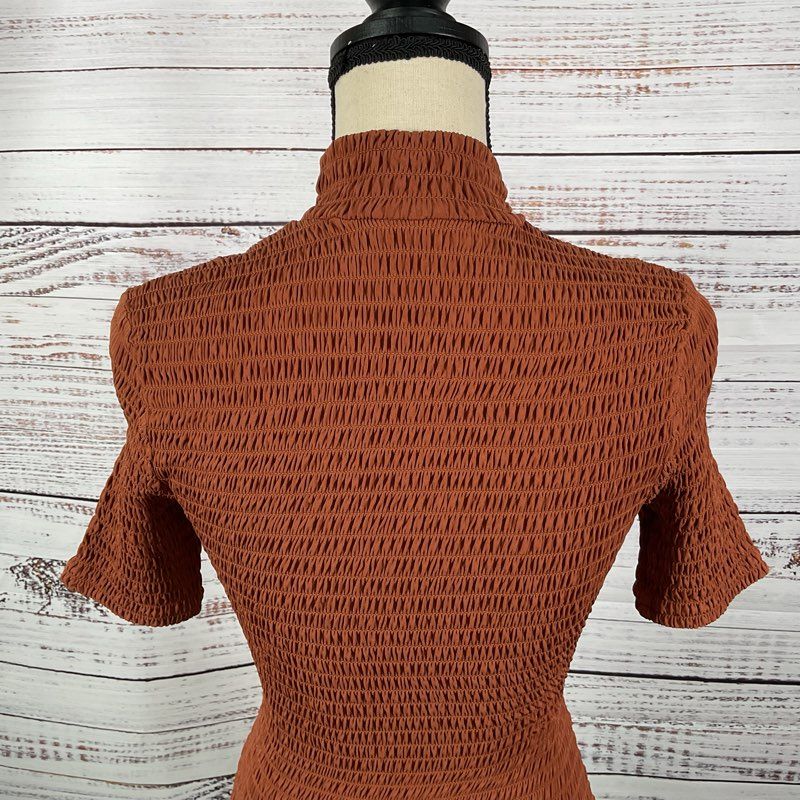 A.L.C Burnt Orange Aston Short Sleeve Smocked Mock Neck Mini Dress - Size S