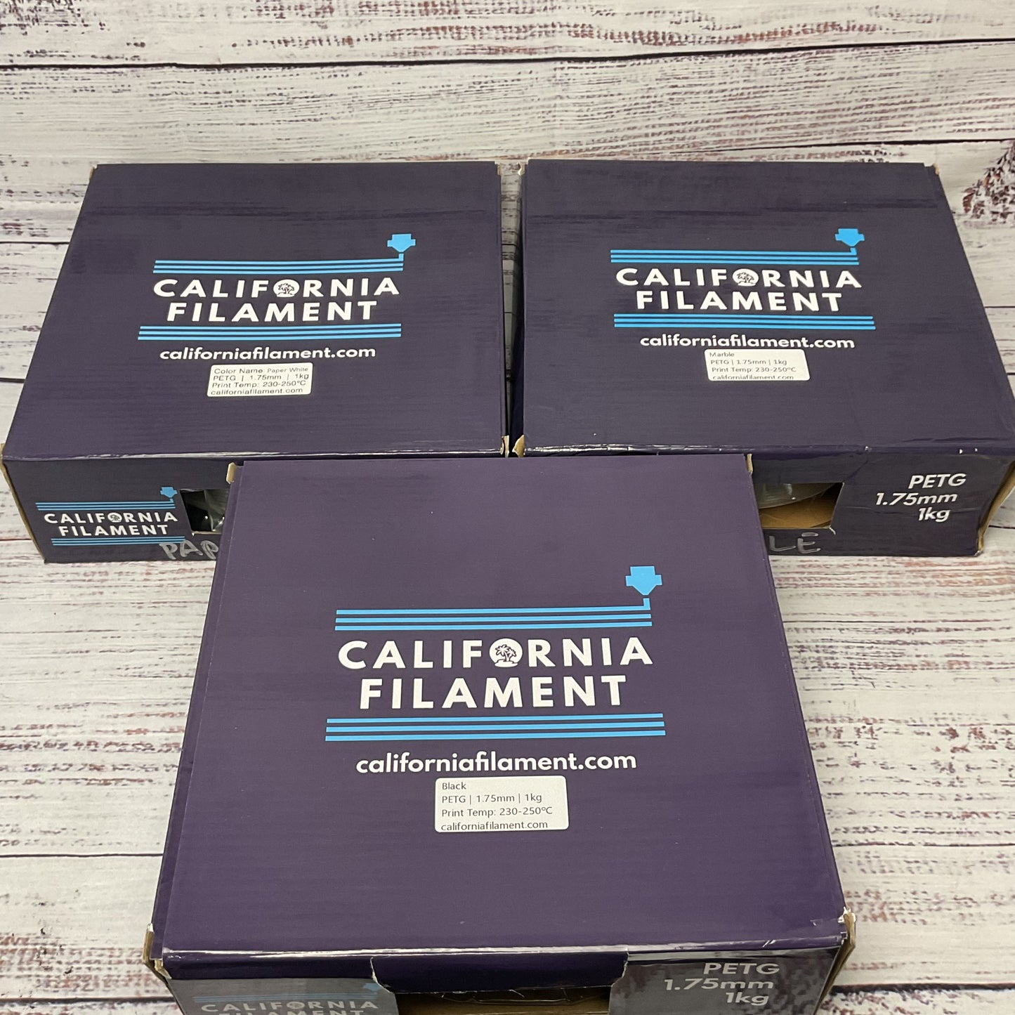 California Filament PETG 1.75mm 1Kg lot of 3 Black Marble Paper White 3Kg Total