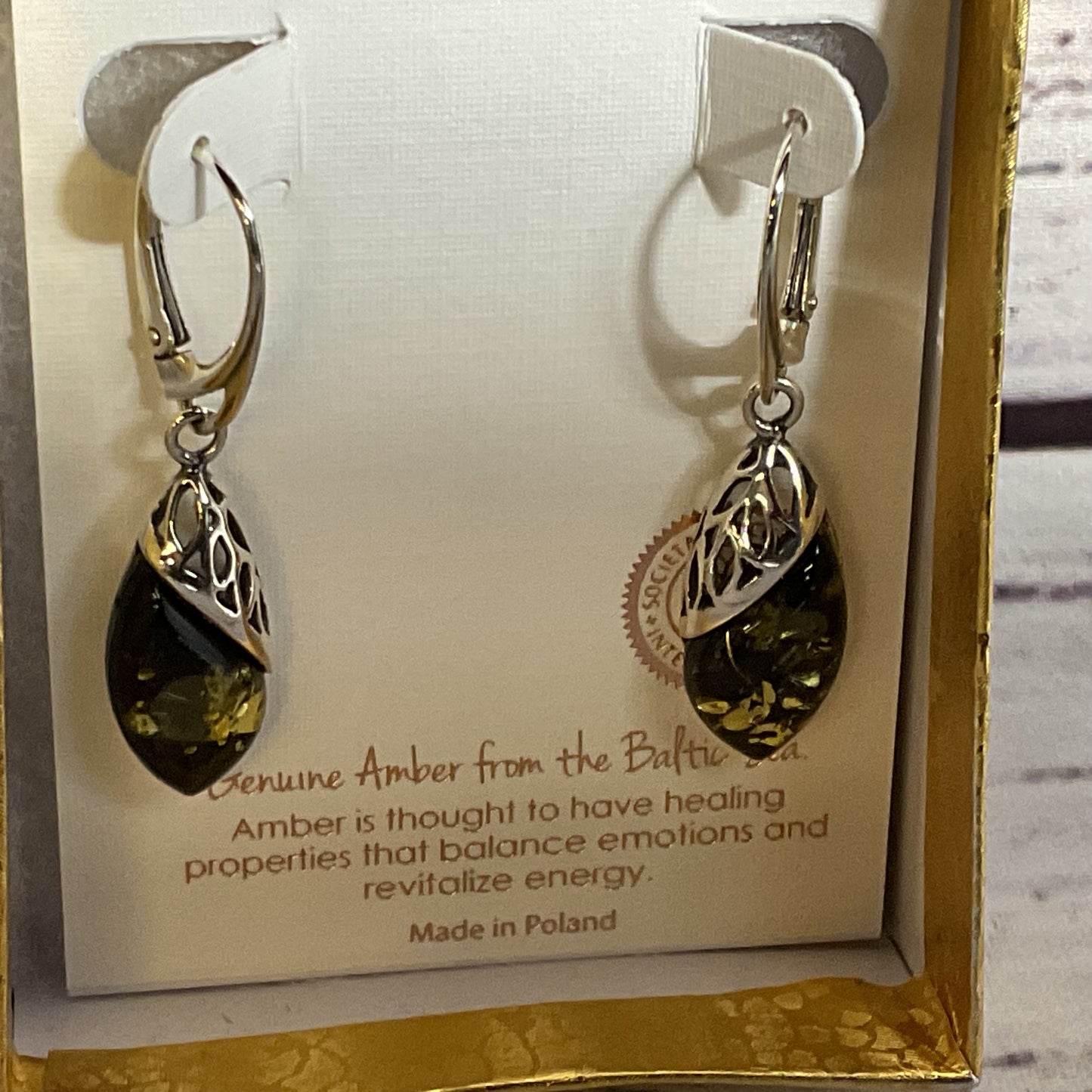 NEW MIDWEST AMBER Sterling Silver & Baltic Amber Dangle Leverback Earrings