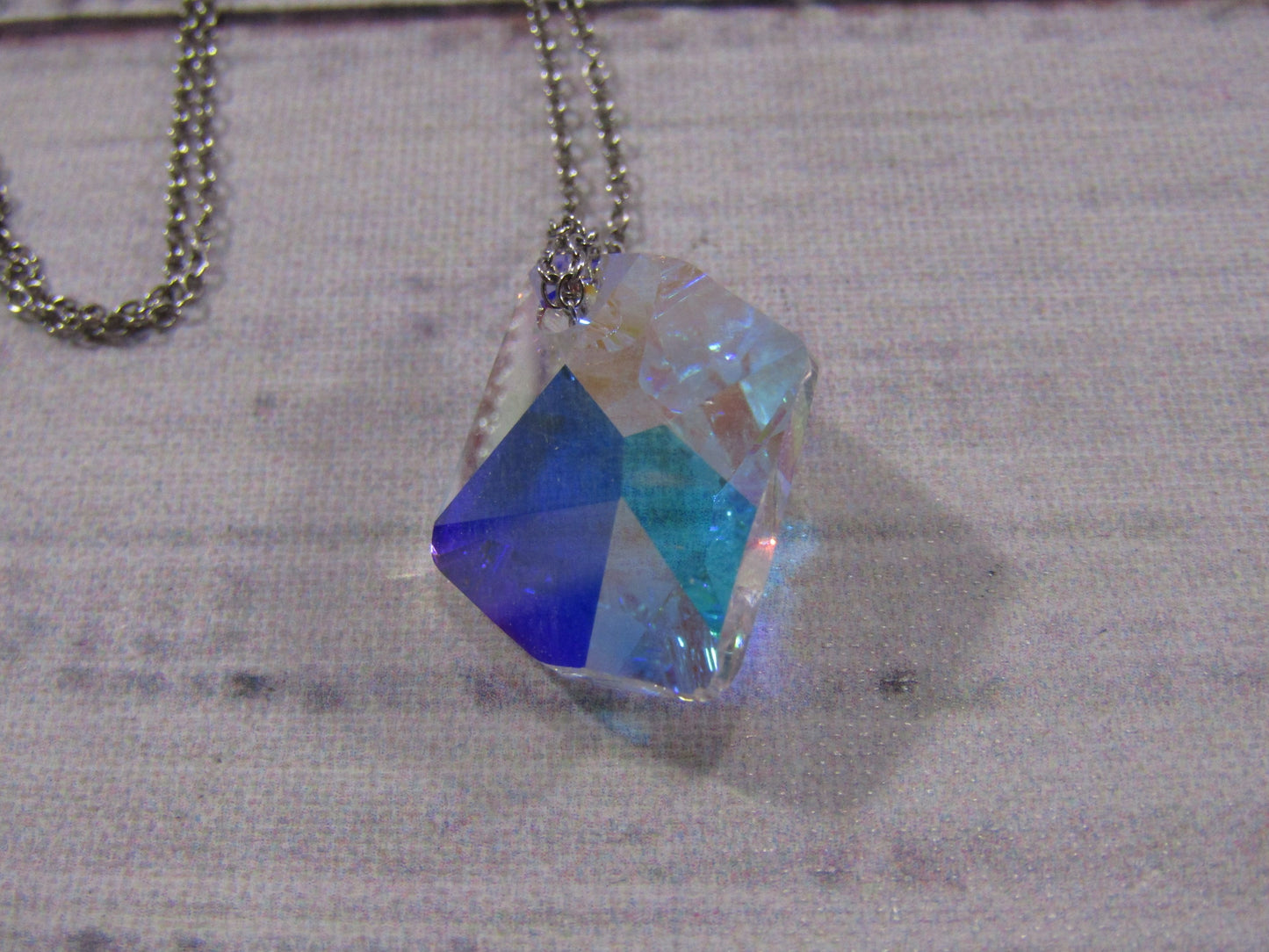Sterling Silver Rolo Chain Aurora Borealis Crystal Pendant Necklace