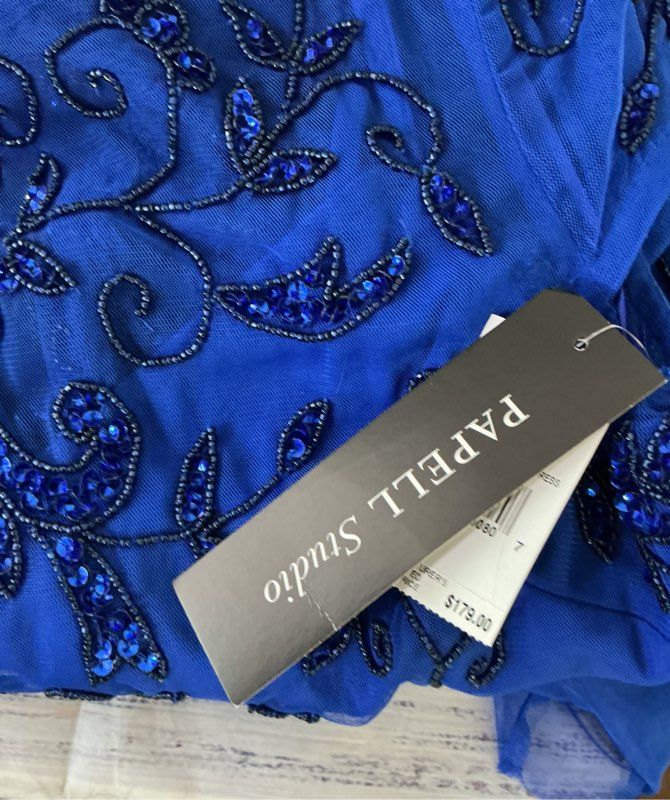 NWT Papell Studio Royal Blue Bead Mesh Godet Long Dress Size 10 Retail $179