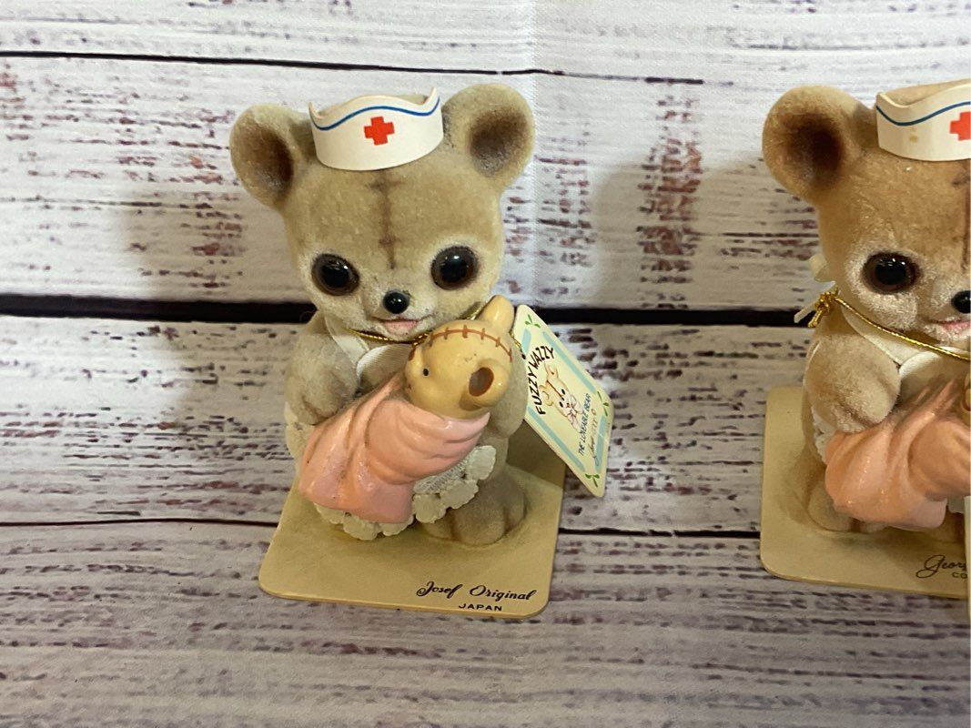 VTG. GEORGE GOOD Fuzzy Wazzy Flocked Nurse Teddy Bears- SET OF 2