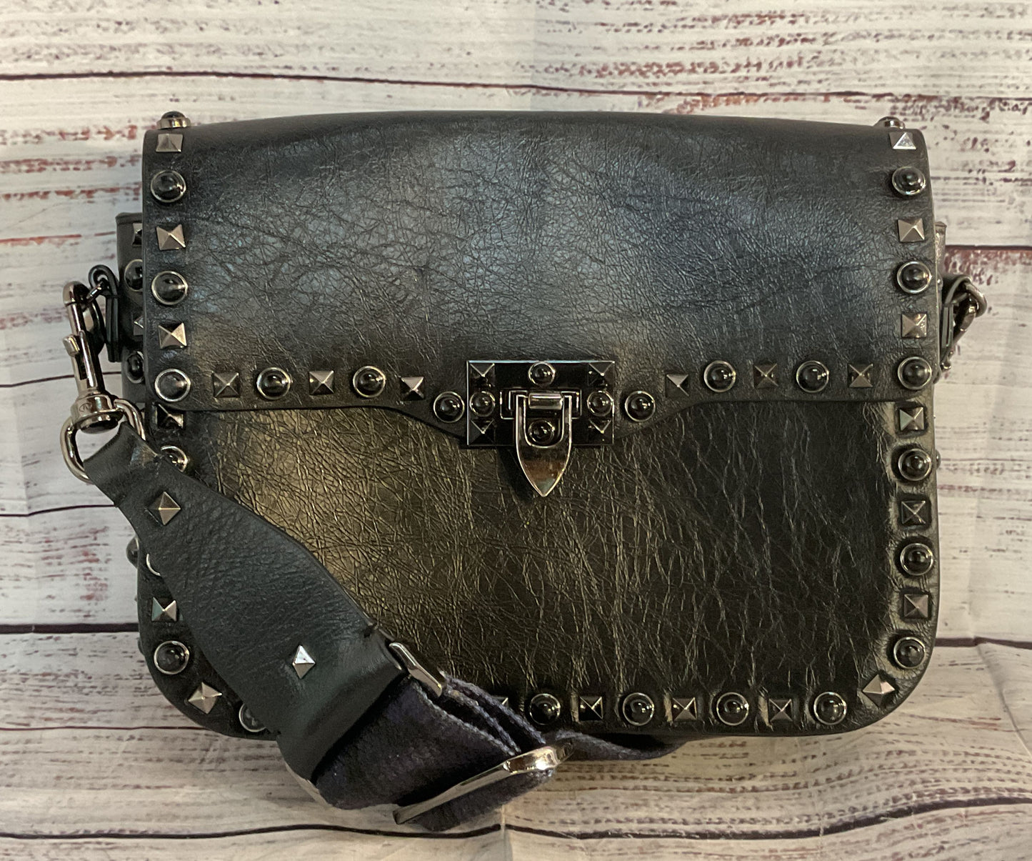 Valentino Leather Rolling Rockstud Guitar Strap Shoulder Crossbody Bag Black