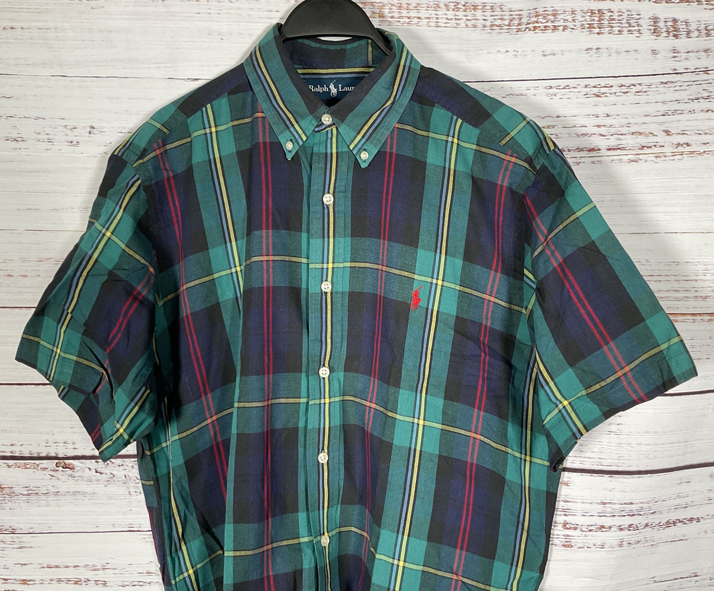Vintage 1990's Ralph Lauren Men's Green Plaid Cotton Button Down Shirt Size M
