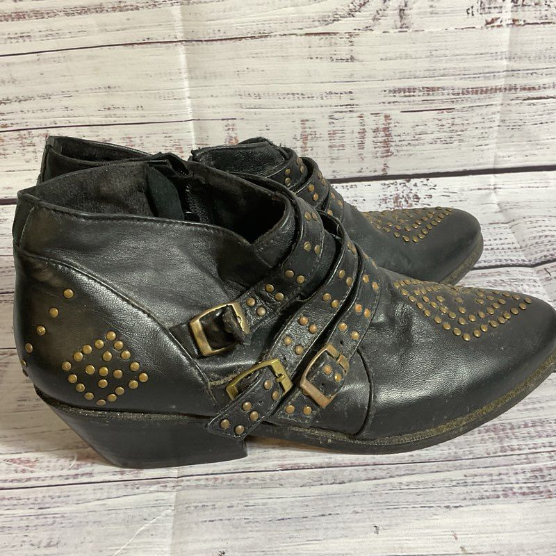 THE CASSETTE SOCIETY Women's Black Leather Studded Ankle Boots- SZ 38