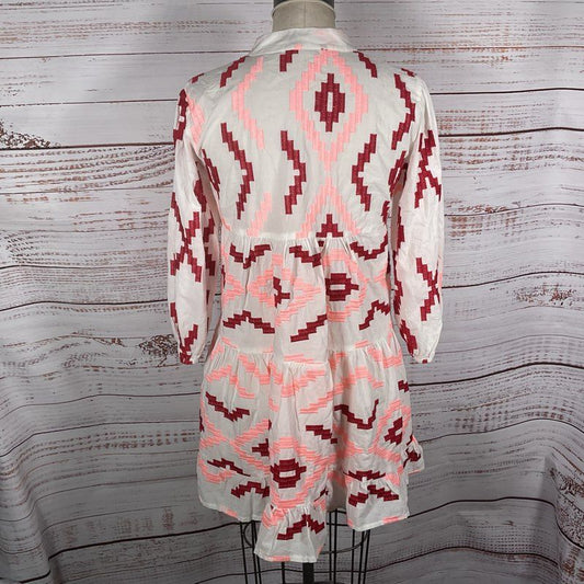 Greek Archaic Kori White/Red/Pink Cotton Embroidered Tunic Mini Dress Size Small