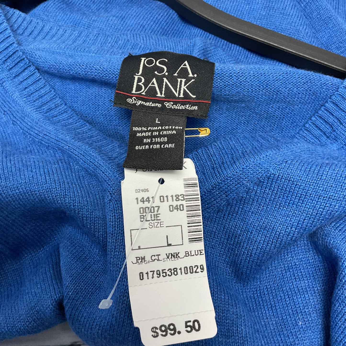 Joseph A. Bank Blue V Neck Pima Cotton Sweater - Size L