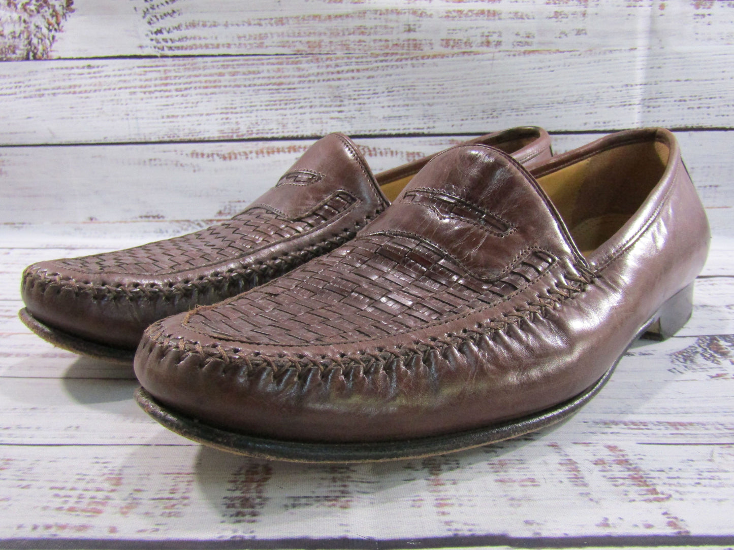 Johnston & Murphy Men's Brown Leather Woven Loafers Size 10.5