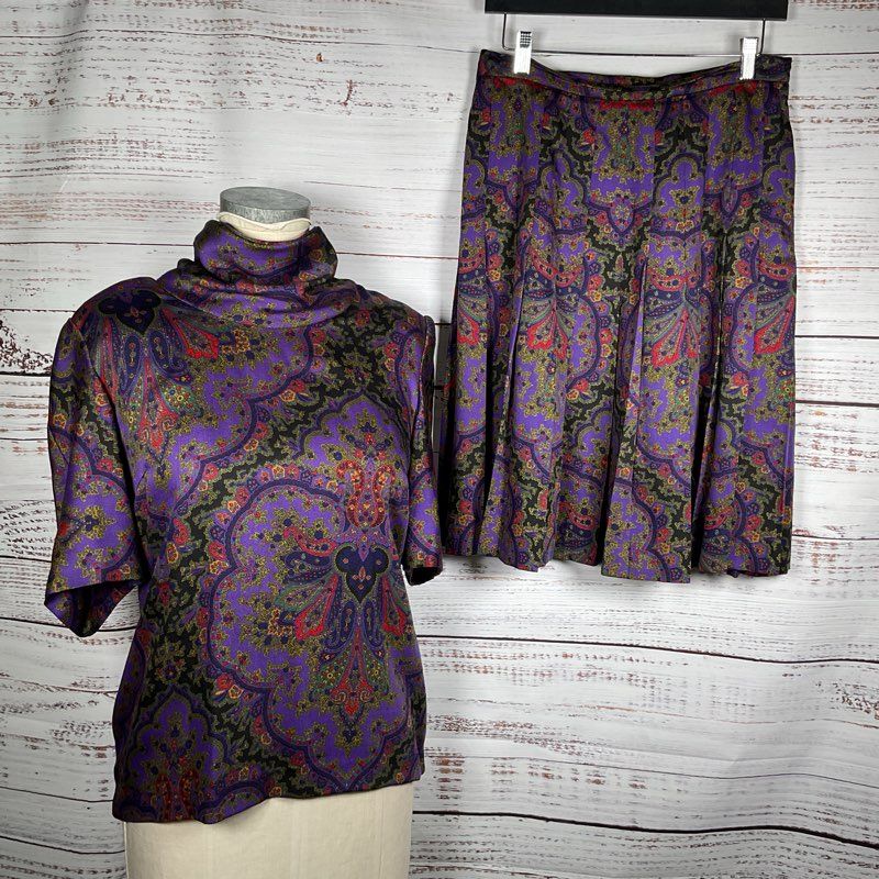 GLORIA SACHS Women's Purple Paisley Print Skirt Set- SZ 12