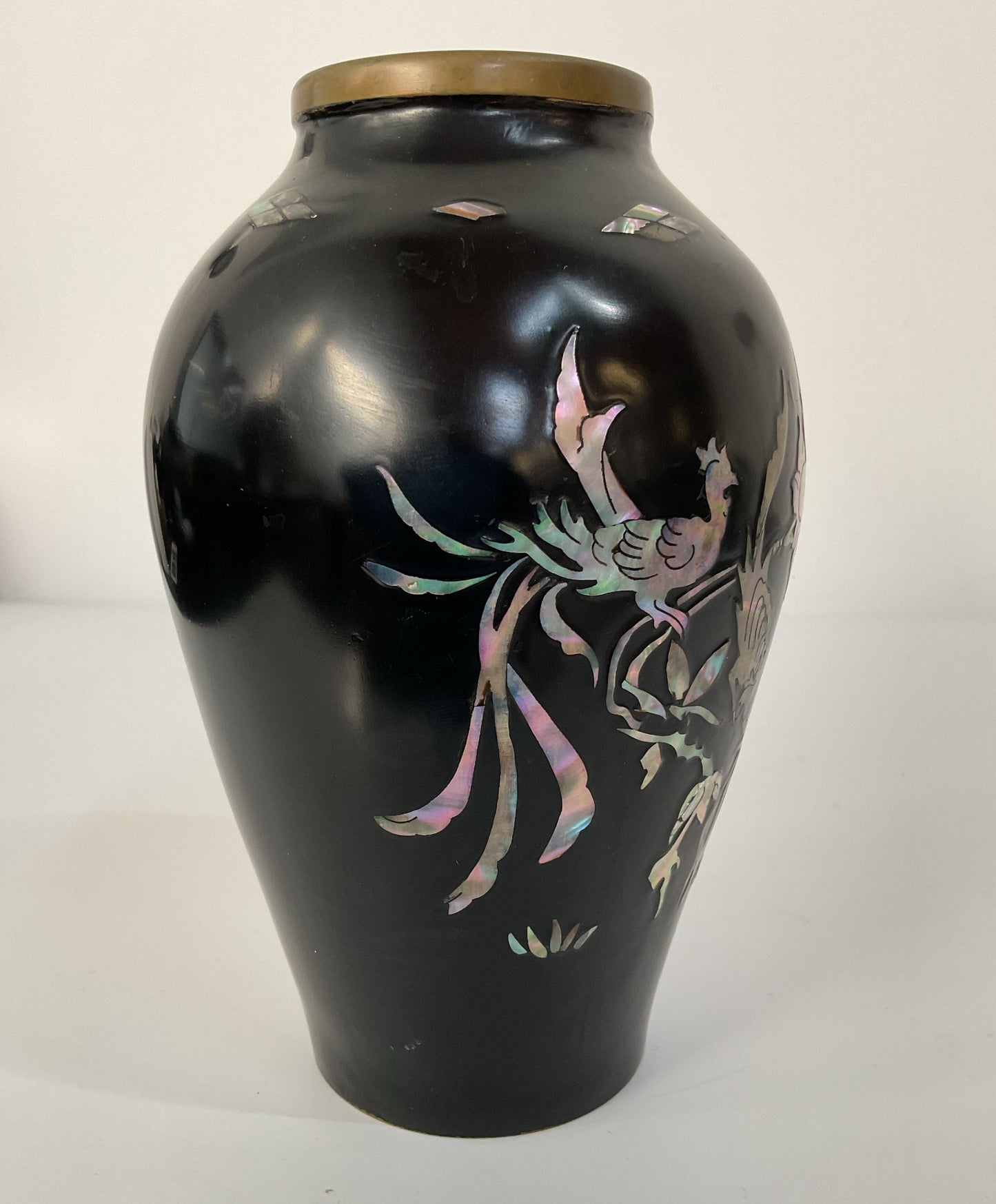 Vintage Brass Black Lacquer Floral Bird Motif Mother of Pearl Inlay Vase