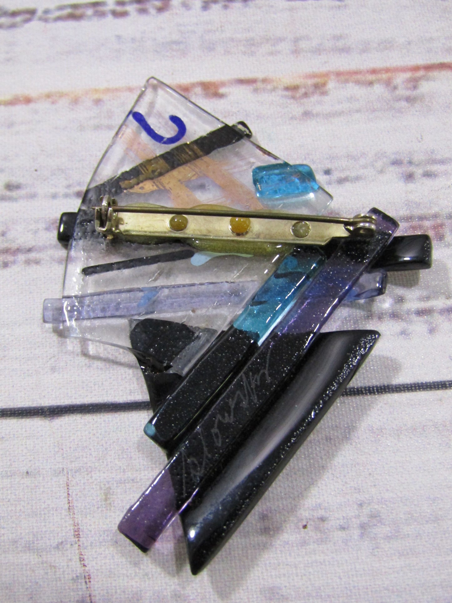 Vintage 90's Artisan Handcrafted Geometric Abstract Glass Brooch Pin