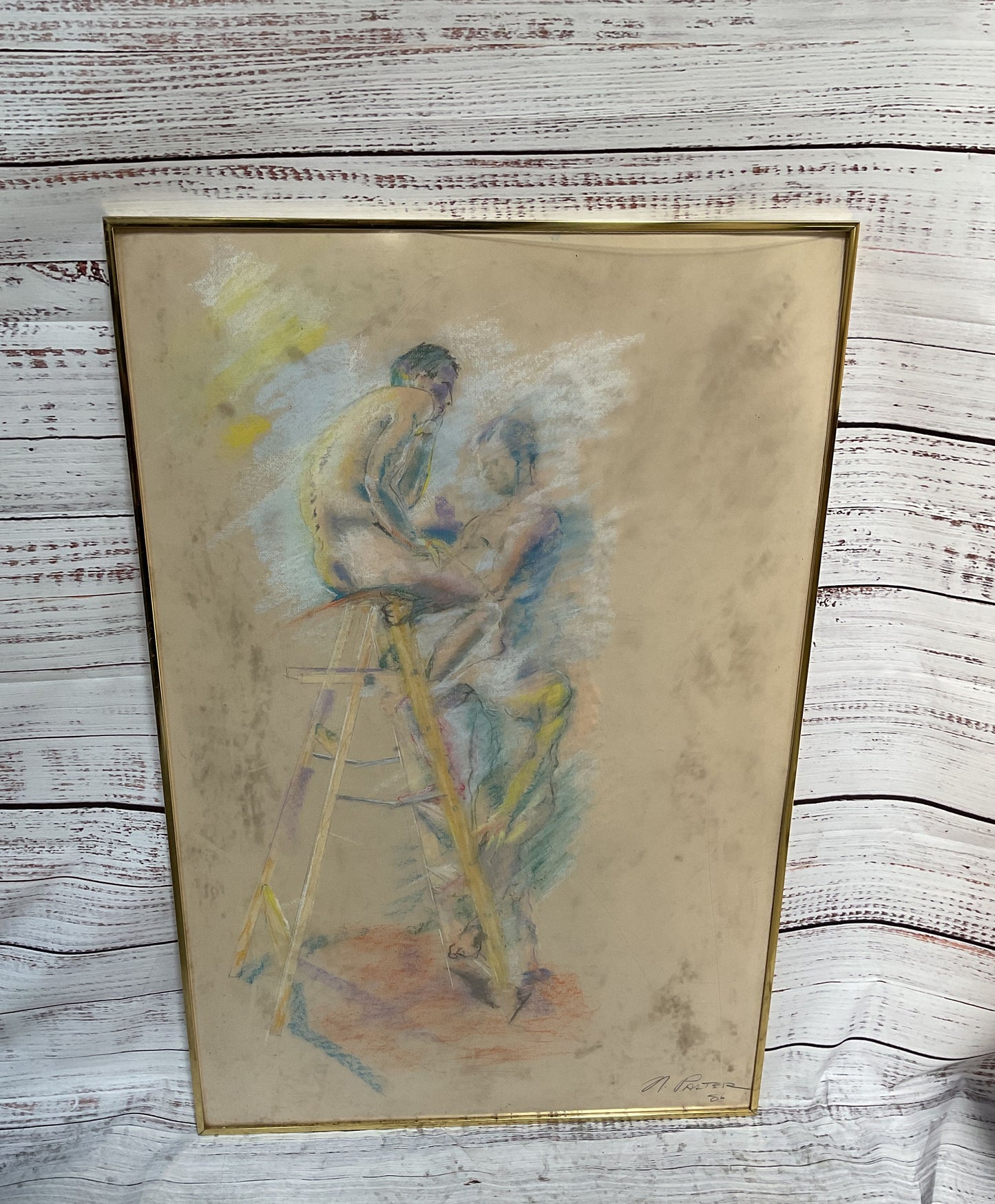N. Paster Man Climbing Ladder Drawing Print Signed