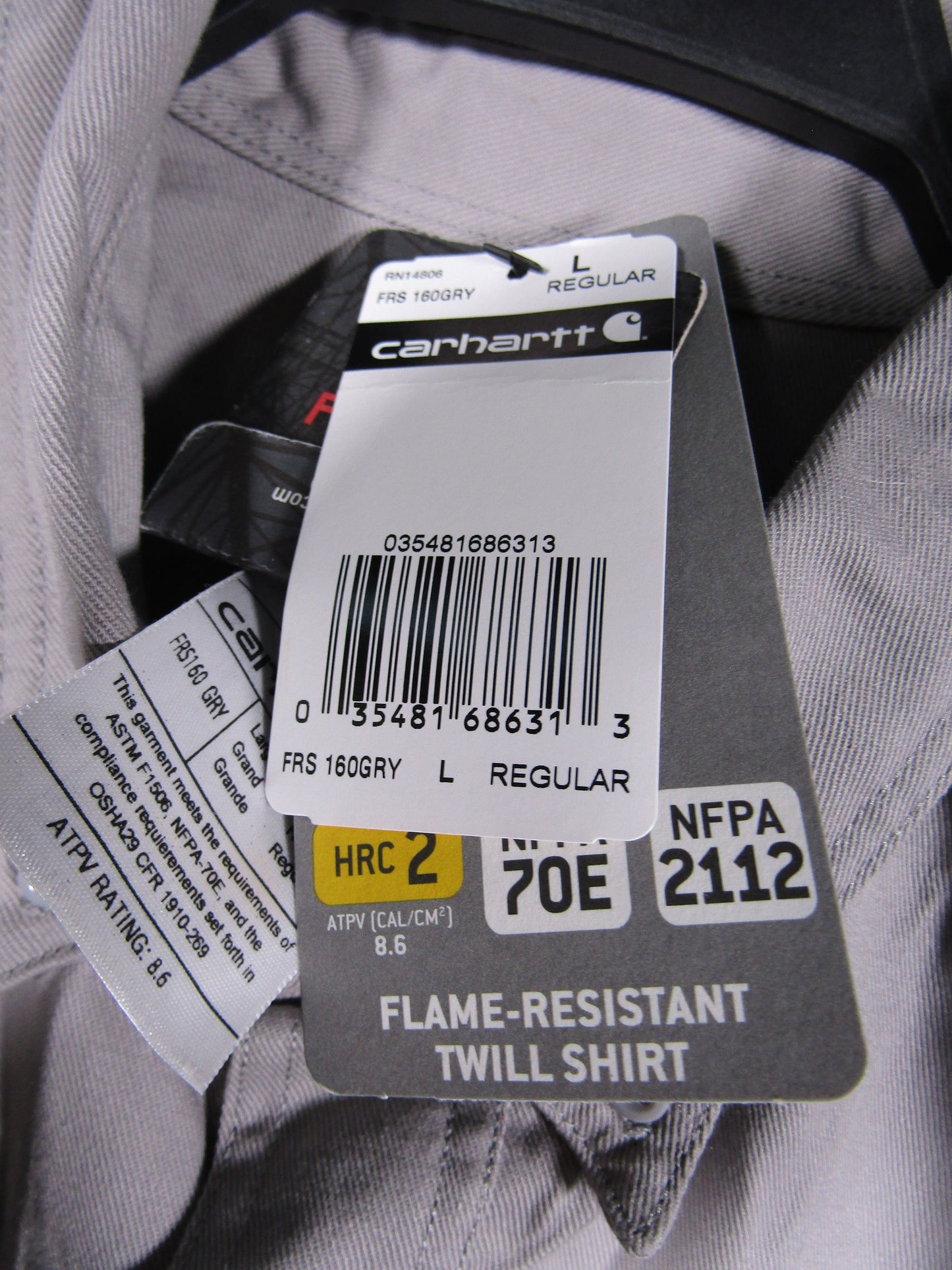 Carhartt Men's Gray Flame-Resistant Twill Shirt Size L