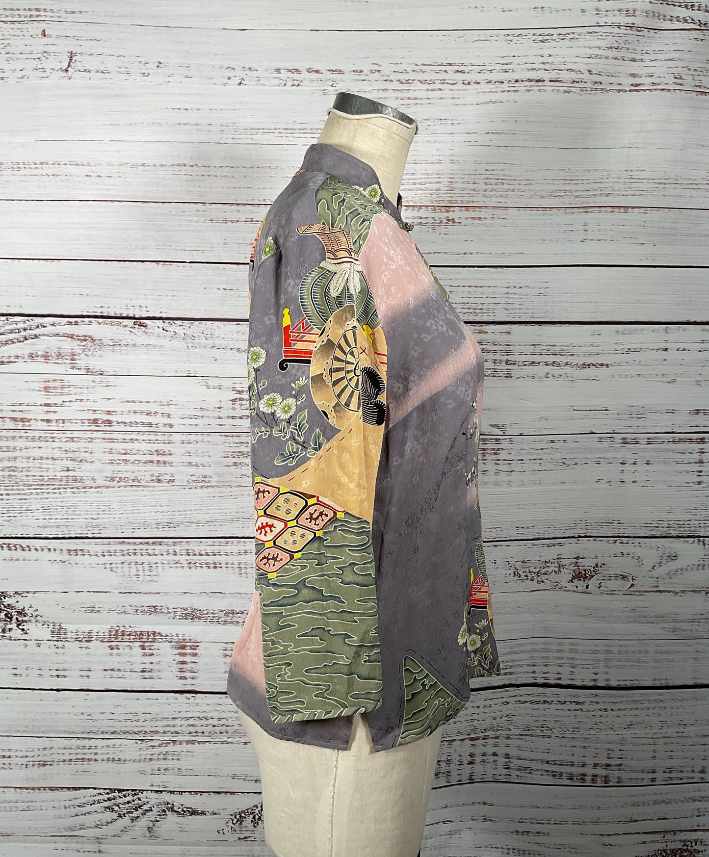 Cute Citron 100% Silk Mandarin Collar Eclectic Floral Long Sleeve-Size Medium