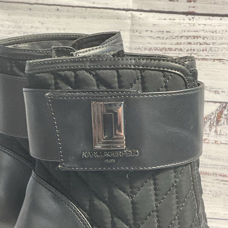 Karl Lagerfeld Britney Quilted Black Ankle Strap Open Toe Pump Boots Women's 7.5