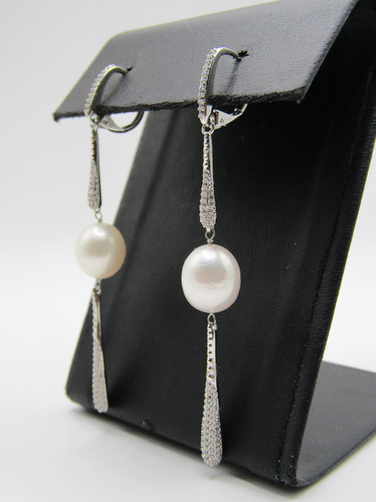 Rhodium Plated CZ Pave Freshwater Pearl Drop Dangle Earrings