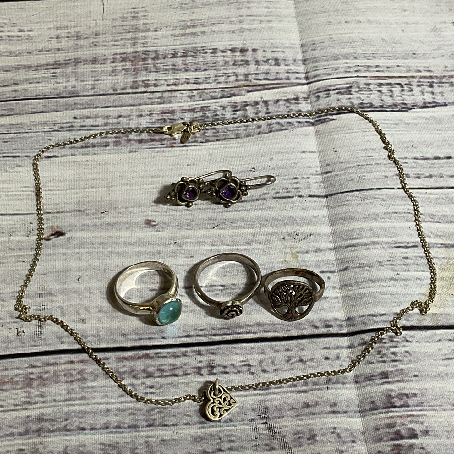 Lot of Sterling Silver 3 Rings, Earrings, Necklace- 14.62g