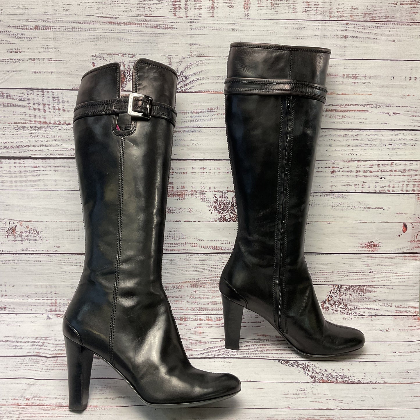 Hugo Boss Black Leather Side Zip Knee High Tall Boot Heel Women 6.5