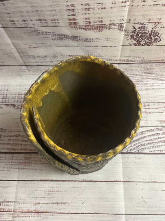 Rolled Embossed Ceramic Brown Yellow Vase Signed