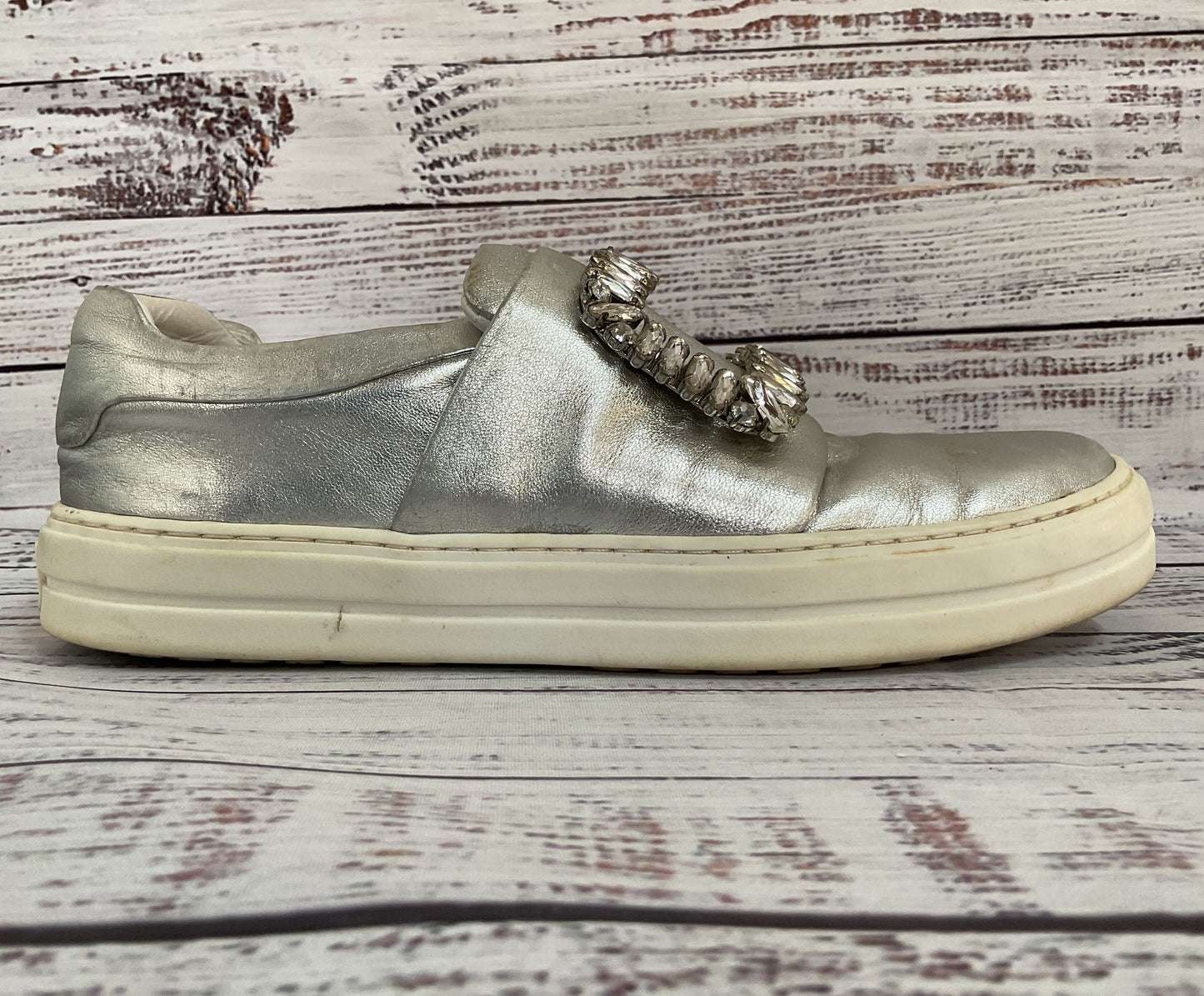 Roger Vivier Women's Silver Leather Crystal Embellished Slip-On Made in Italy