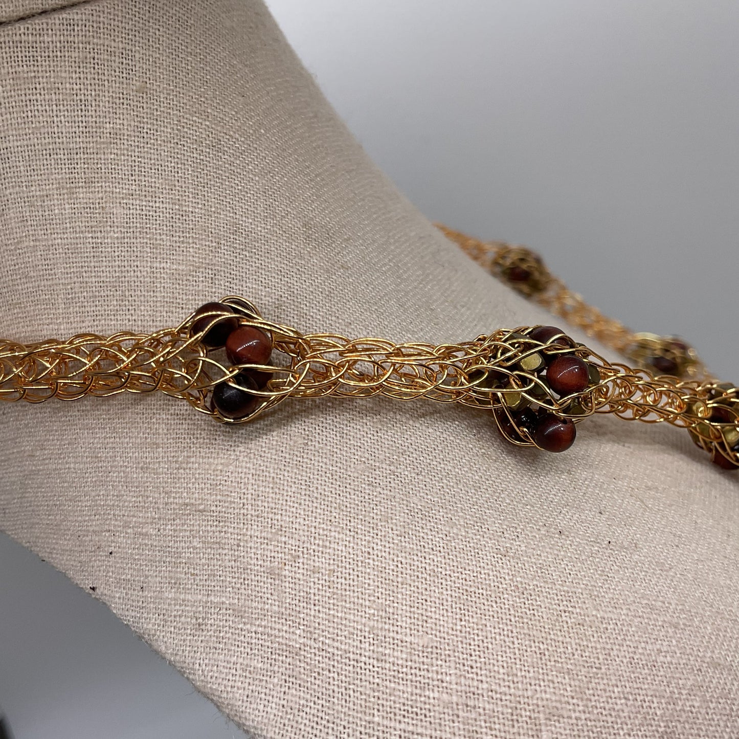 Gold Tone Wire Braided Caged Tiger Eye Beaded Clusters 22" Necklace