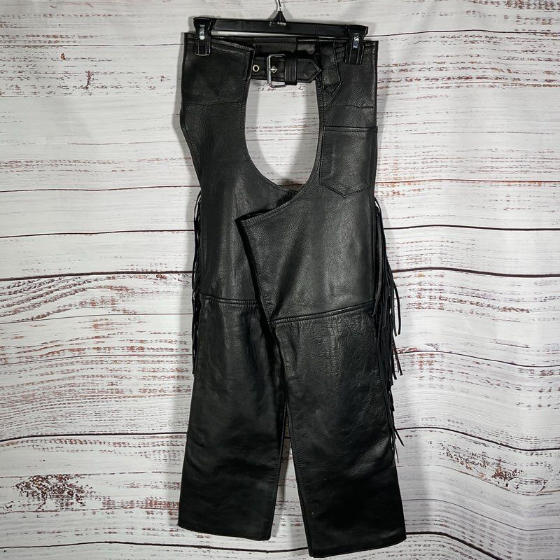 VTG. Route 66 Black Leather Tasseled Motorcycle Chaps Pants - Size XS