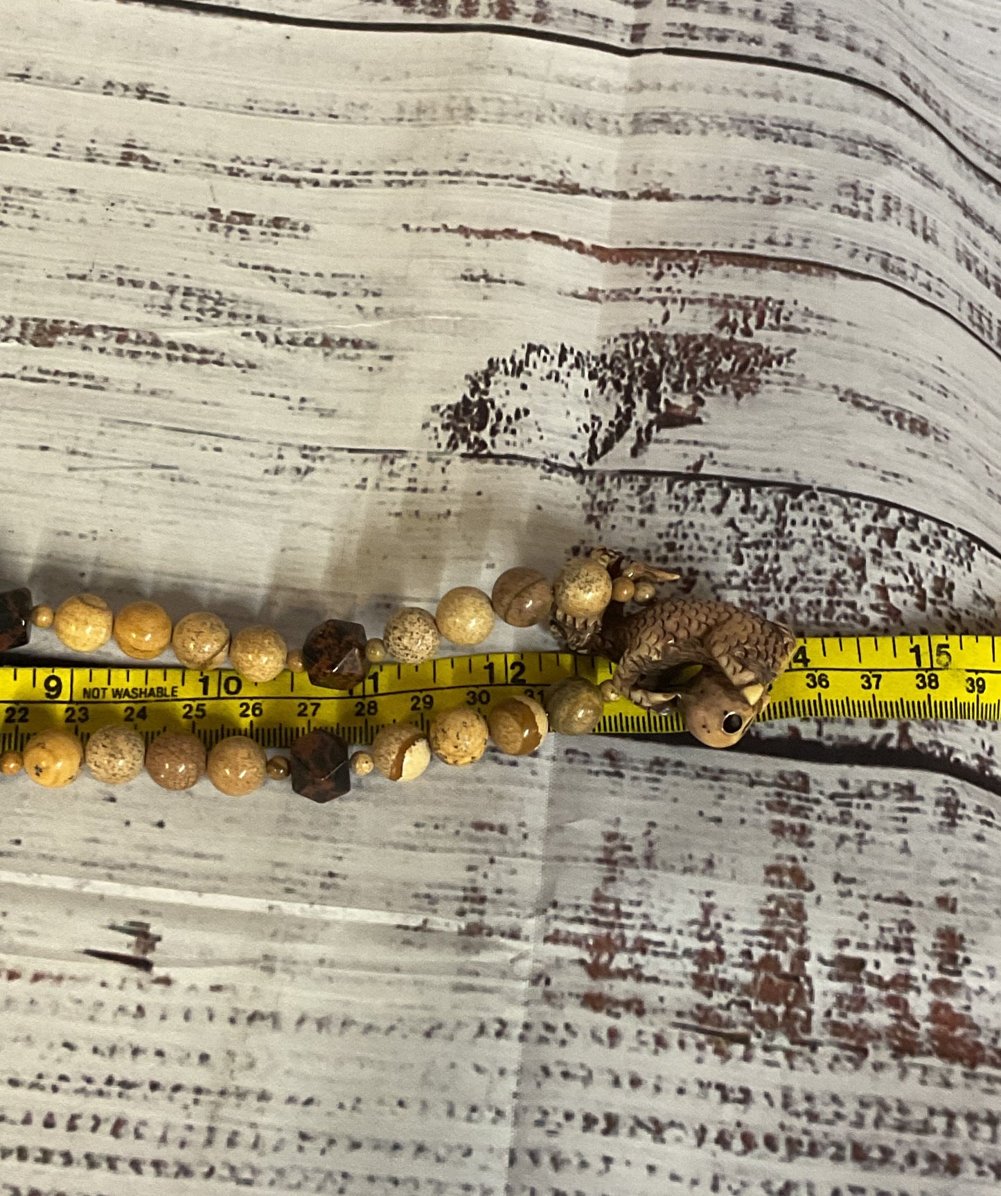 Jasper Beaded Carved Wood Dragon Pendant Vintage Necklace Silver Filigree Clasp