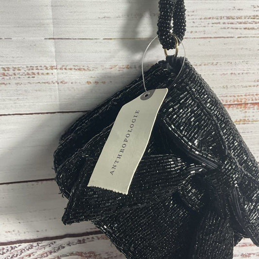 NWT Anthropologie Black Beaded Bow Wristlet Clutch Purse