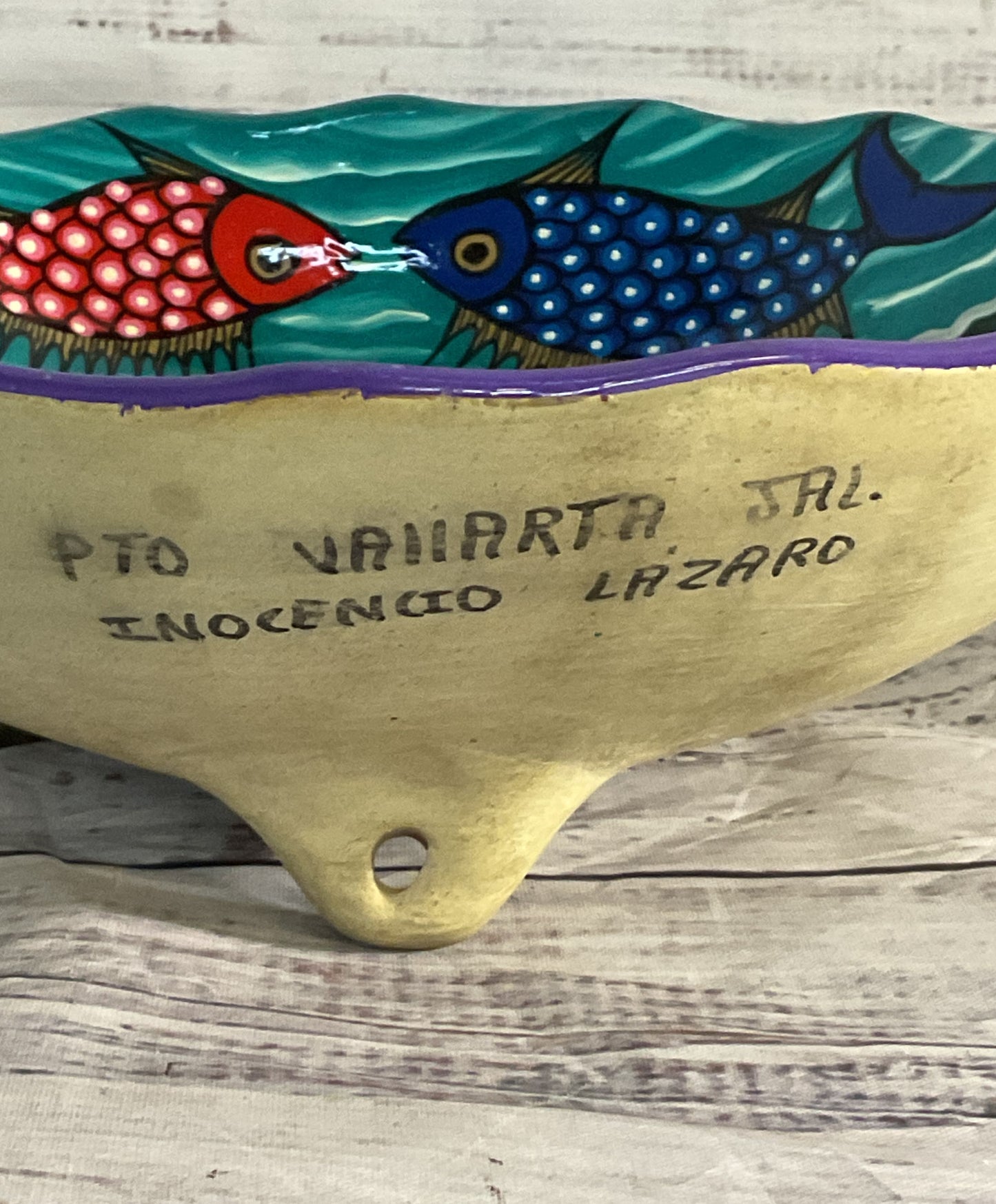 Inocencio Lazaro Hand Painted Puerto Vallarta 3 Footed Bowl Multicolor