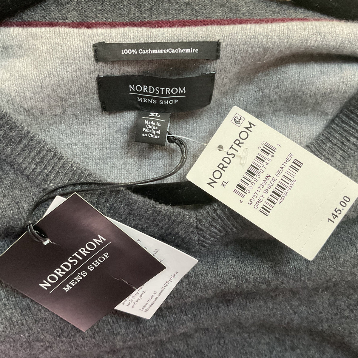 NWT NORDSTROM Men's Shop Men's Gray 100% Cashmere V-Neck Pullover Sweater-SZ XL