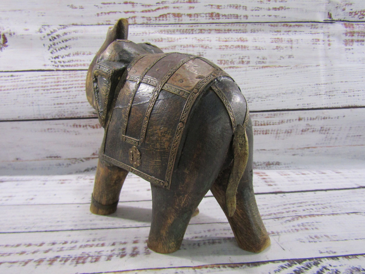 Vintage Handcrafted Wood Carved Brass Accent Elephant Figurine