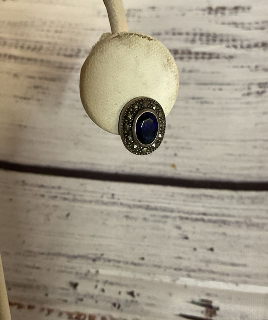 Sterling Silver Marcasite Vintage Stud Earrings blue Glass Stone