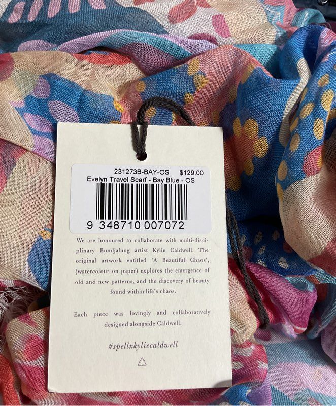 NWT SPELL X KYLIE CALDWELL Evelyn travel Scarf- Bay Blue- SZ OS (77" x 56")