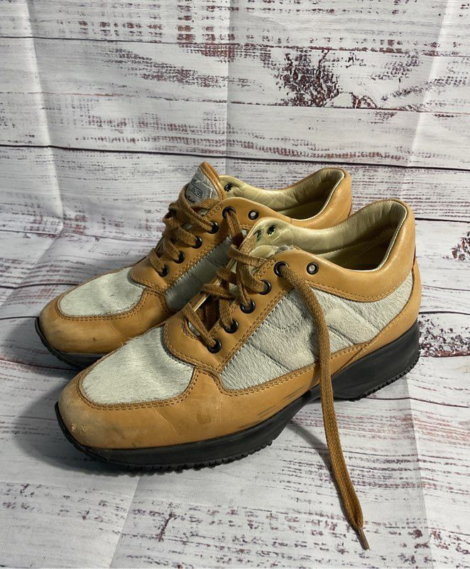 Hogan Interactive Leather & Pony Hair Brown Lace Up Sneakers Size 8 Unisex