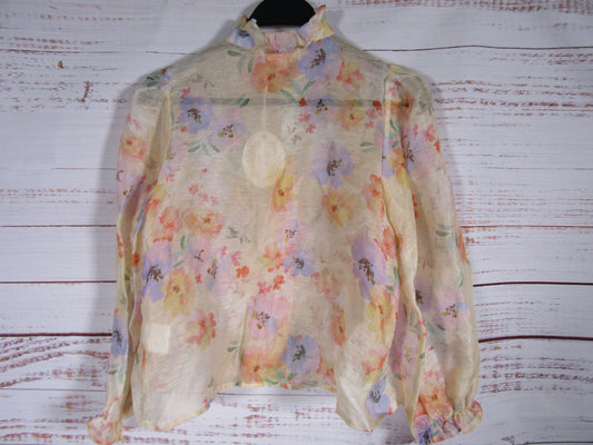Petite Amalie Girl's Floral Watercolor Print Silk Linen Blouse Size 12