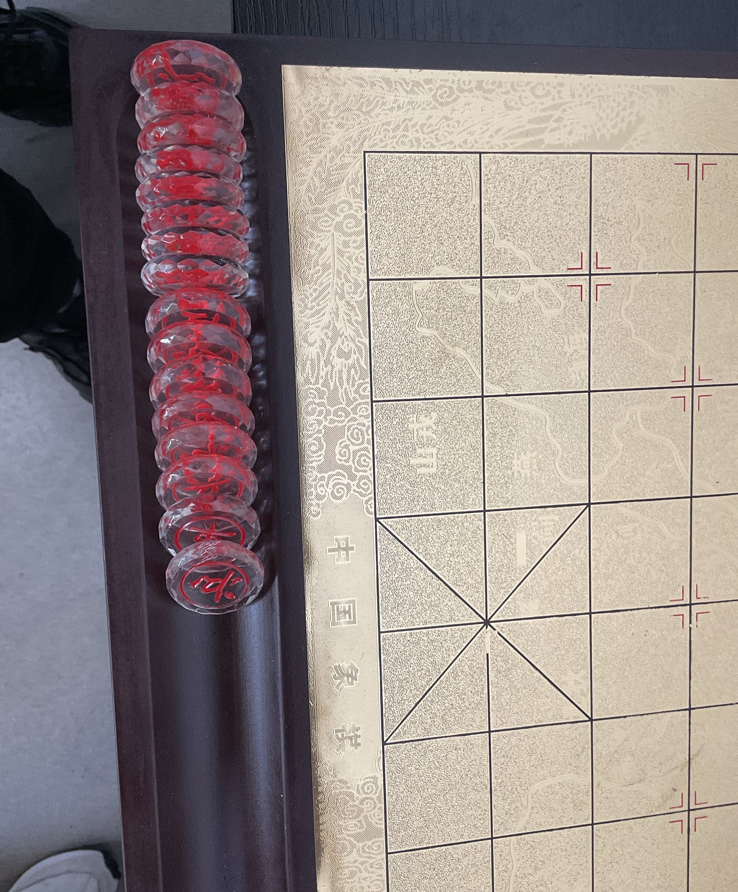 Etched Glass Xiangqi Chinese Chess Set With Mahogany Wood Case