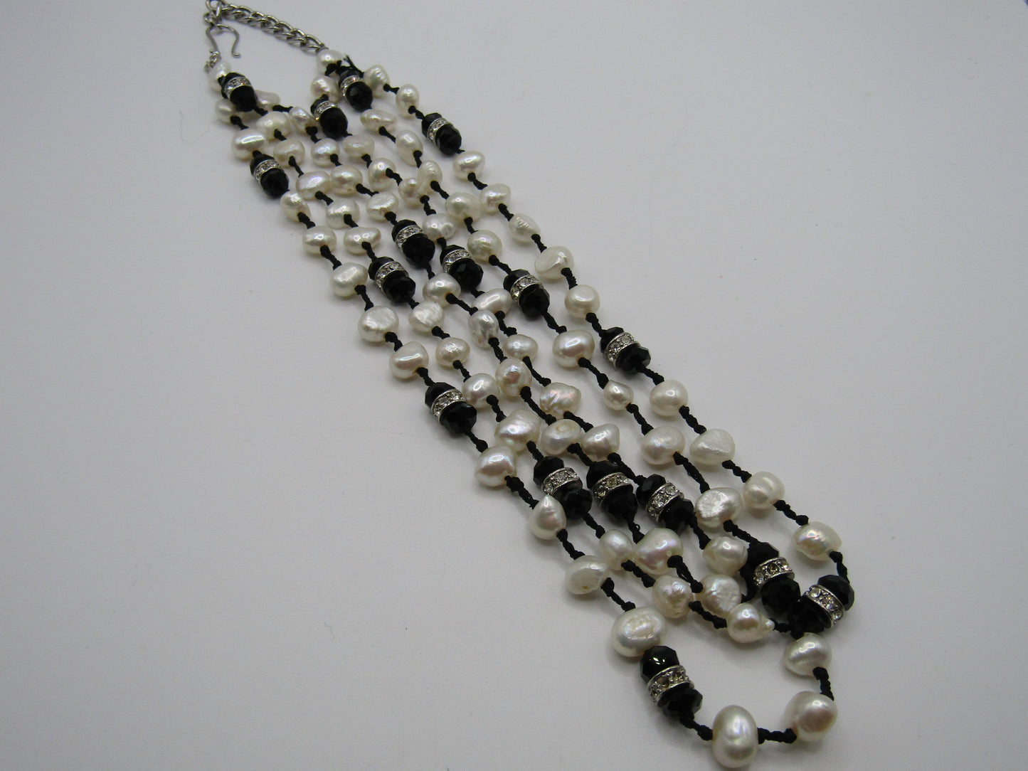 16 1/4" Multi Strand Freshwater Baroque Pearl Onyx Rhinestone Necklace