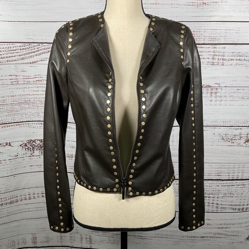 WORTH Women's Brown Faux Leather Studded Zip Up Jacket- XP