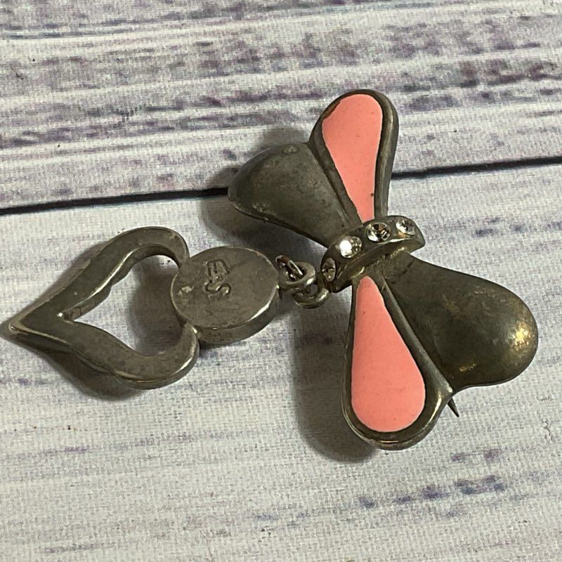 Signed VTG. ES Silver Tone & Enamel Bow & Heart Brooch- 2"