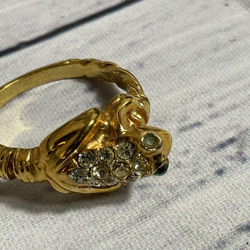 VTG. DAC Gold Tone Rhinestone Frog Ring- SZ 7 (MISSING 1 GREEN STONE)