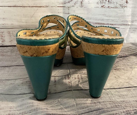 Prada Metallic Leather Strappy Heeled Sandals Blue Green