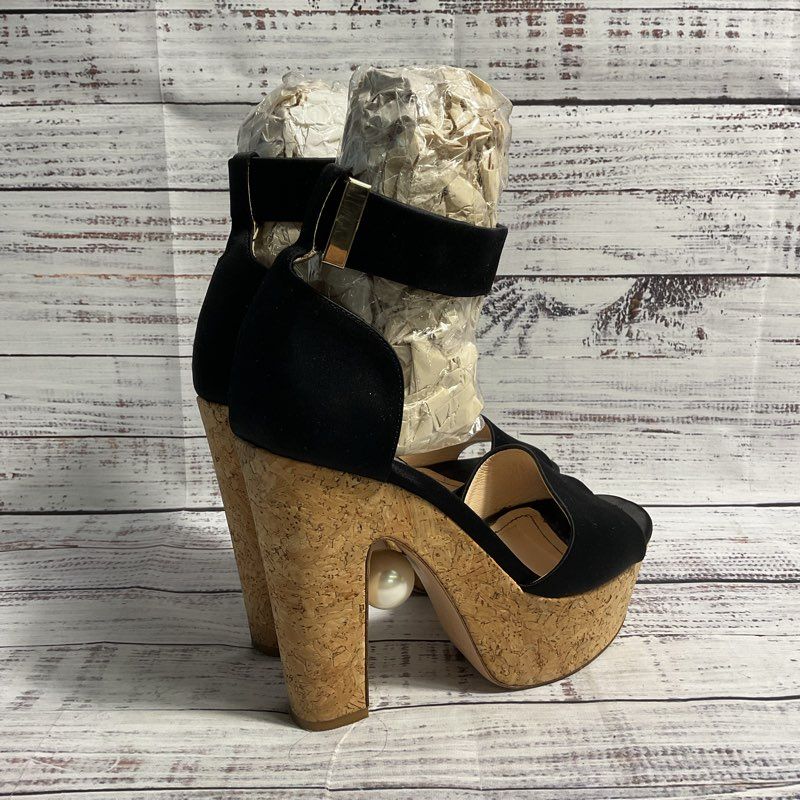 Nicholas Kirkwood Maya Pearl Black Satin & Cork Block Heel Women's 6.5 US