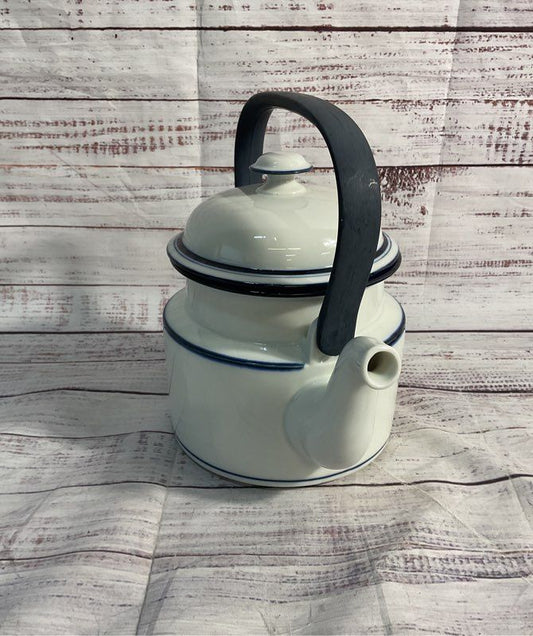 Vintage Dansk White & Blue Striped Bistro Tea Pot Japan With Handle 7.5"