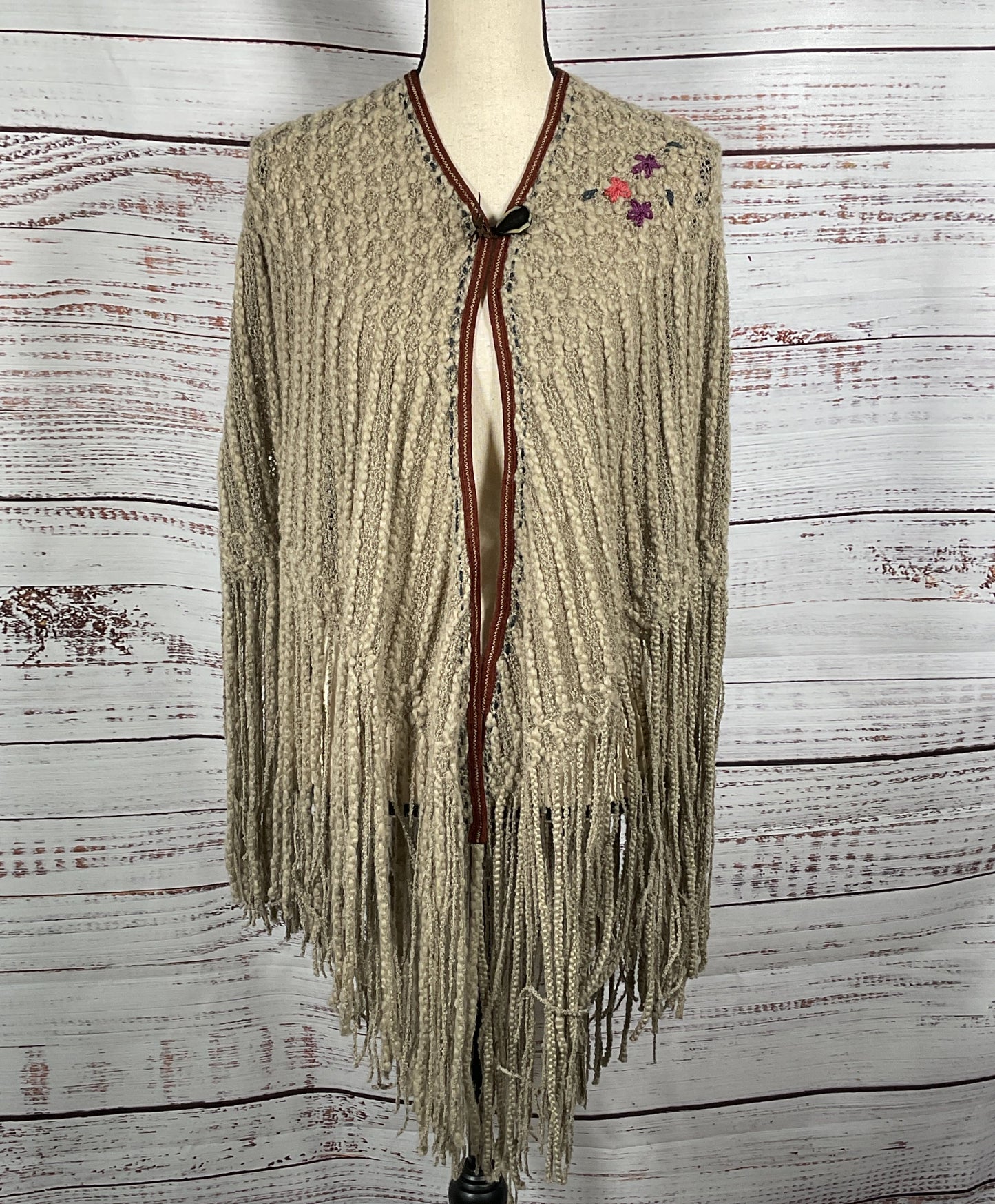 Burning Torch Karyn Craven Knit Fringe Poncho Beige OS