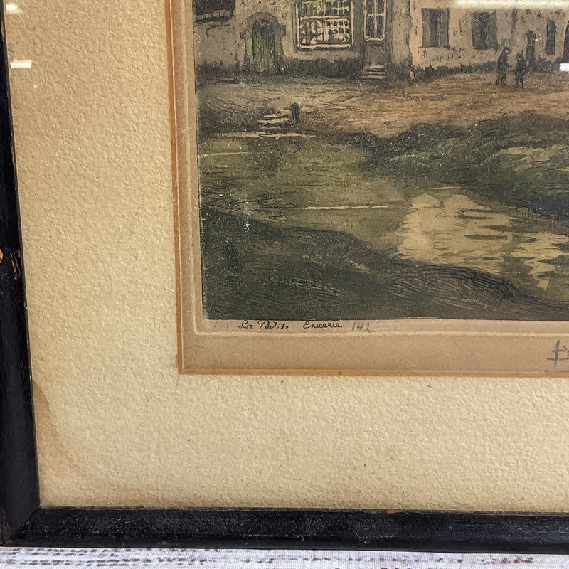 VTG. "La Petite Epicerie" Framed Etching Signed L. Davril (Lucien Dasselborne)