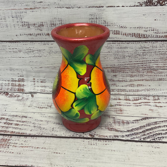 Mexican Clay Terracotta Pottery Flower Metallic Red Sunflower Paint 6"