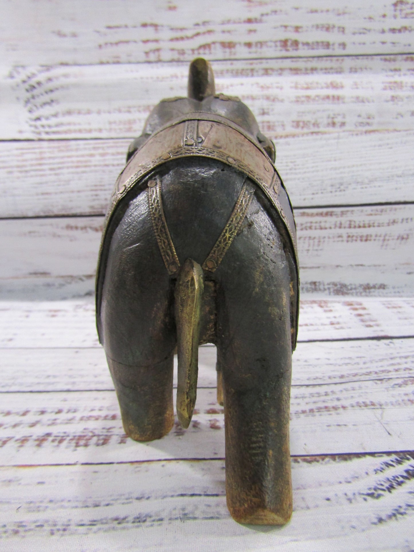 Vintage Handcrafted Wood Carved Brass Accent Elephant Figurine