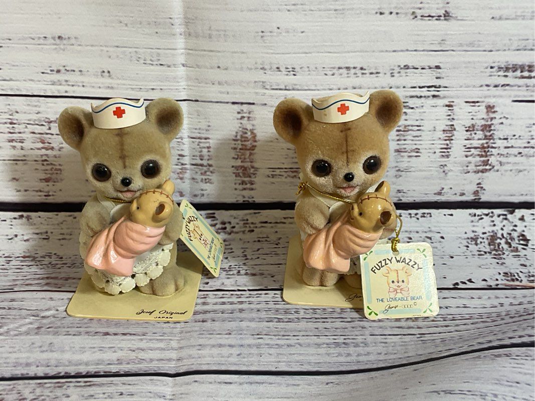VTG. GEORGE GOOD Fuzzy Wazzy Flocked Nurse Teddy Bears- SET OF 2