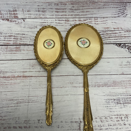 Brass Gold Tone Brush Mirror And Brush Combo Wood Metal Vanity Set